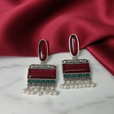 Oxidized Stone Drop Earrings red green